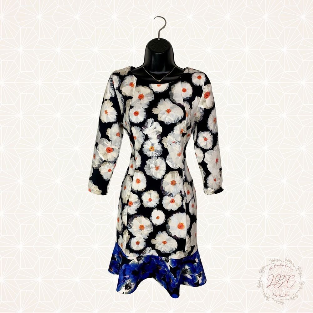 Philosophy Black White Blue Floral 3/4 Sleeve Ruffle Dress Size Small